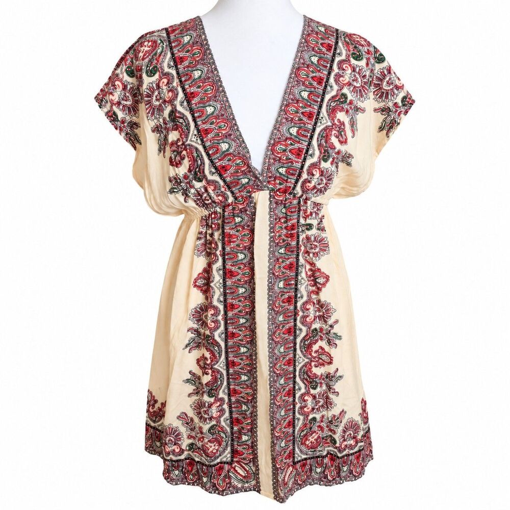 Paisley Border Print Boho Tunic Top Deep V Neck Empire Waist Cottagecore
